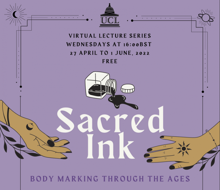 purple background with text "Sacred Ink: body marking through the ages" 