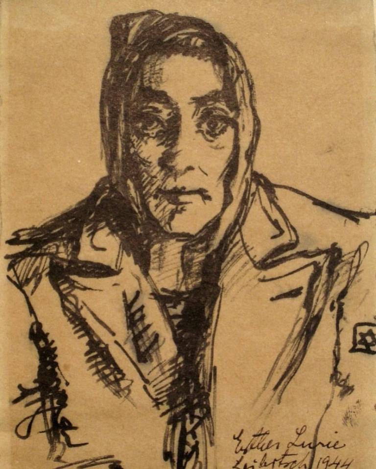 ink drawing on brown paper titled The Portrait of a Jewish Inmate by Esther Lurie
