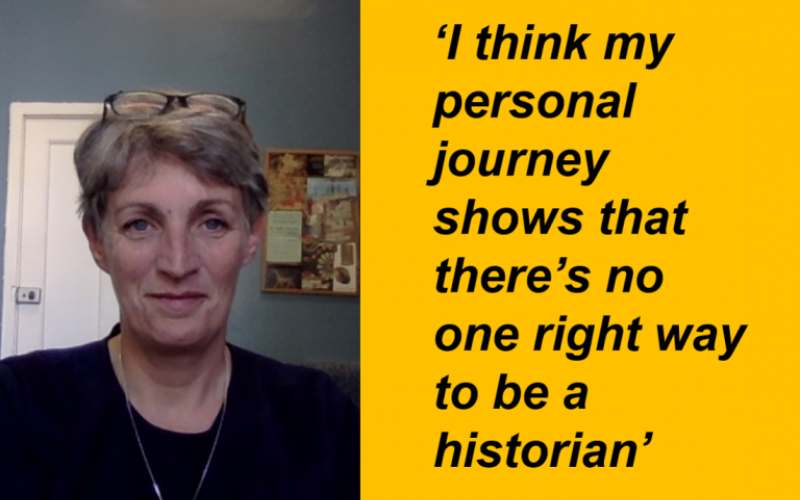 A photo of a white woman with short hair next to a quote against a yellow background