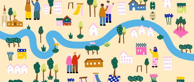 cartoon river, houses and people
