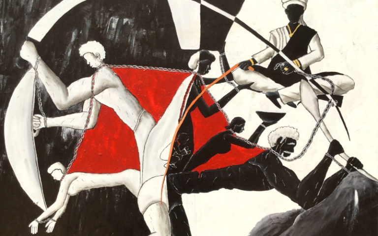 black, red and white image of slavery