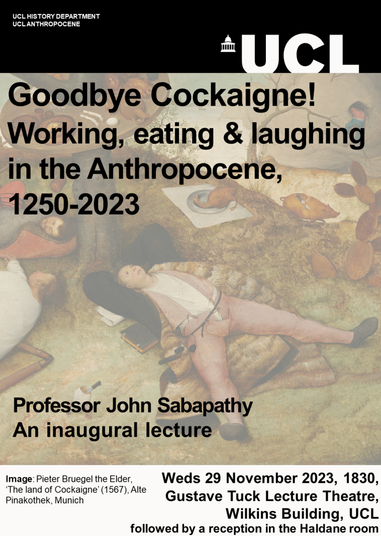 Poster for John Sabapathy's inaugural lecture with an image of pieter bruegel the elder's land of cockaigne