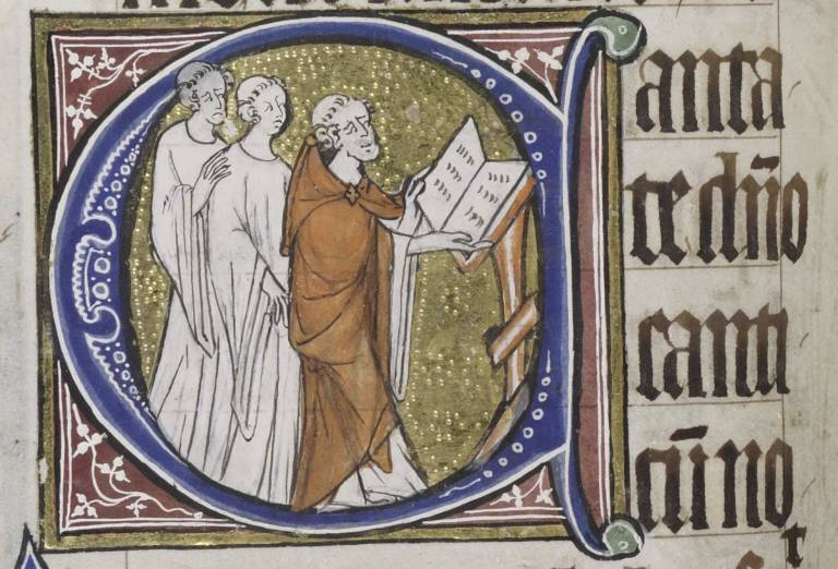 Monks singing the Psalms, from the Peterborough Psalter, Cambridge, Corpus Christi College MS 53, f. 106v