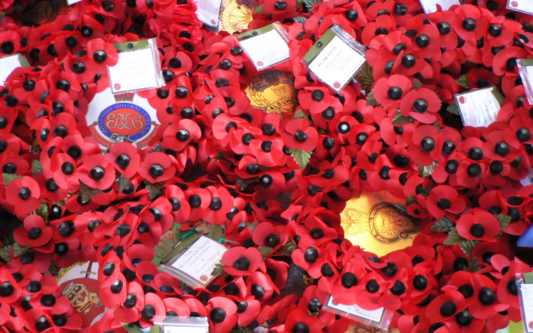 Close up of poppy wreaths lying on a war memorial, with emblems of the institutions that have given them