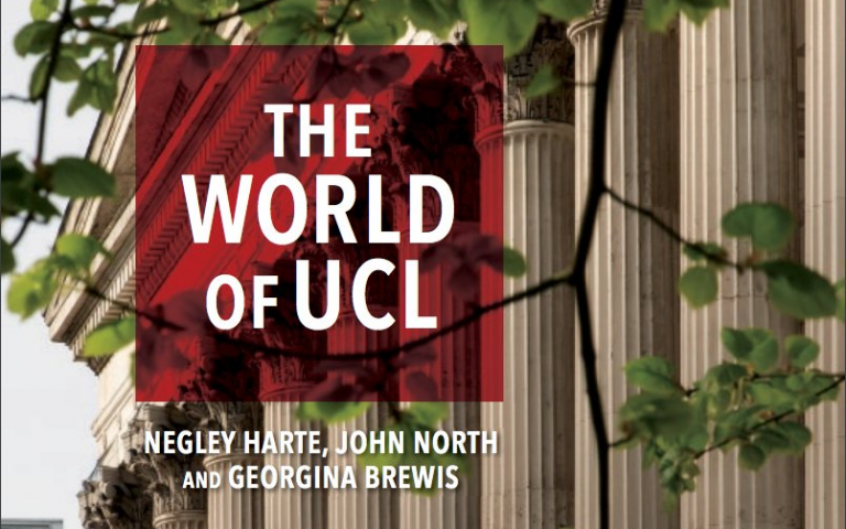Section of the front cover of 'The World of UCL' showing the title, authors' names and a view of the UCL portico