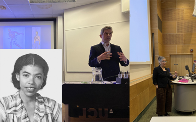 Collage of images showing Elsa Goveia, distinguished UCL History alumni in the 1940s, and speakers Prof Lambert and Prof Morgan