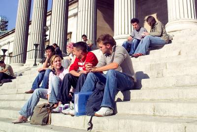 Students on the steps of the UCL main building