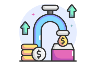 Clip art of coins, the dollar sign, green arrows pointing upwards and a blue pipe delivering a dollar sign to a purple box