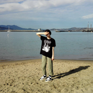 a person standing on a beach in front of marina covering their eyes from the sun in white sandals, black graphic tee and green trousers