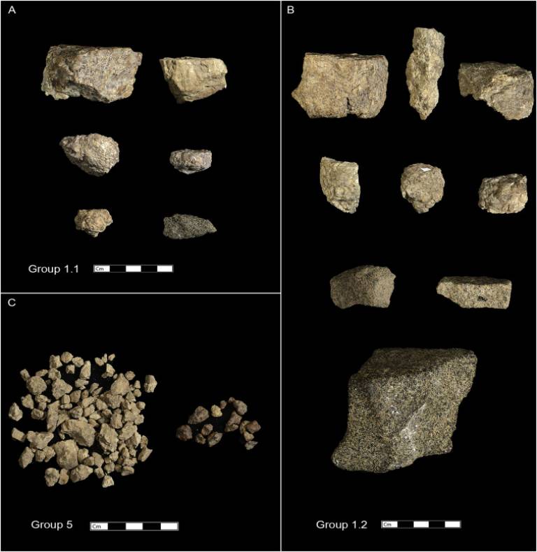 Examples of detached percussive products from lithic hammerstones at P100.