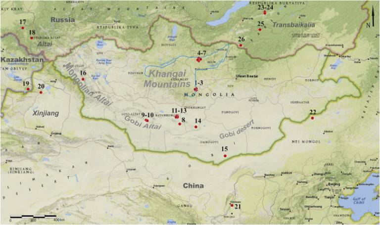 Geographical locations of Middle and Upper Palaeolithic sites in Mongolia (Rybin, 2018)