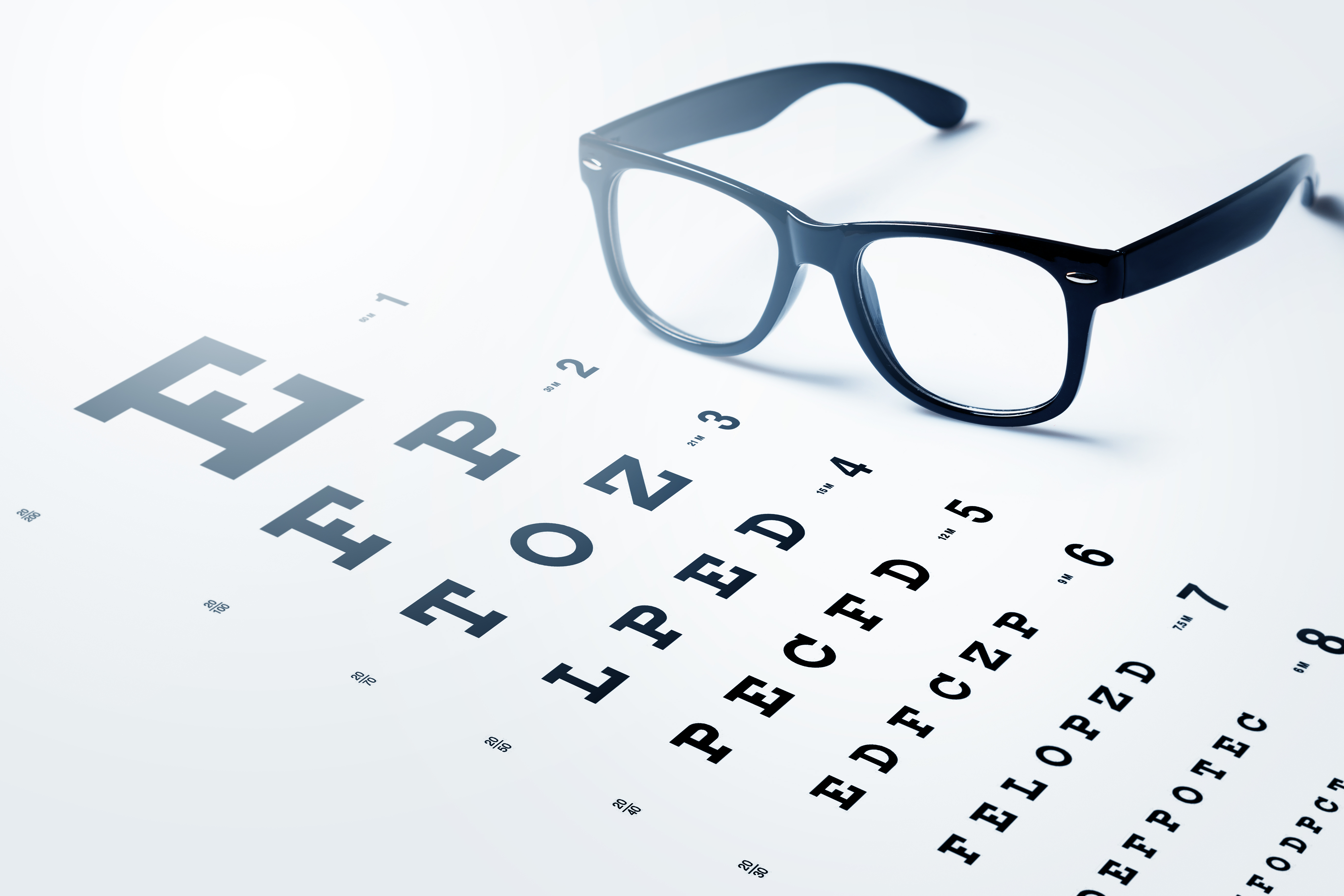 Glasses sitting on an eye test chart