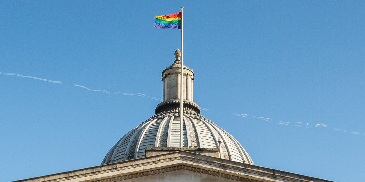 Rainbow Flag flying from the UCL Portico