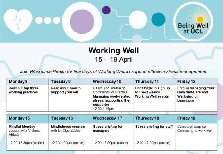 Working Well campaign calendar of events 8 - 19 April 2024