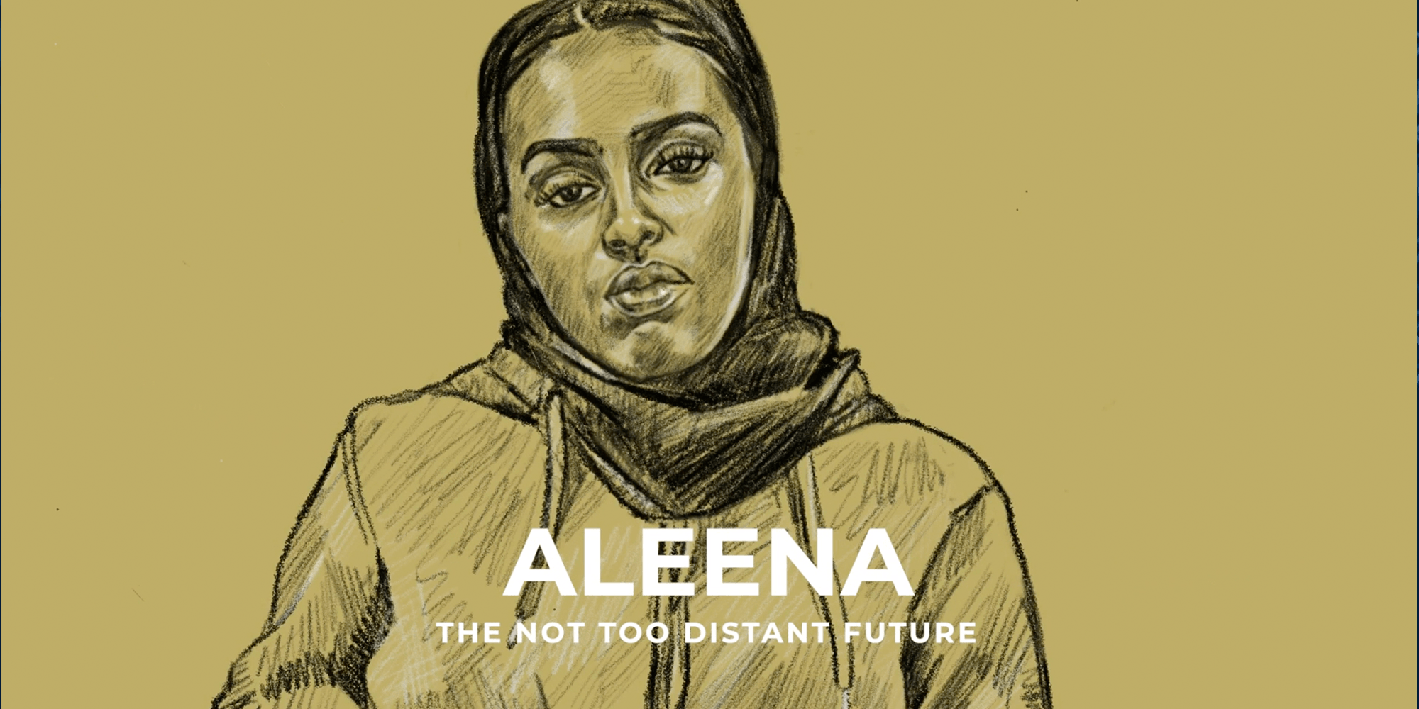 Pencil drawing of young female wearing a head scarf and hoody, text saying 