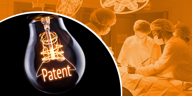A bulb with the word Patent, in the background a medical team around surgical table