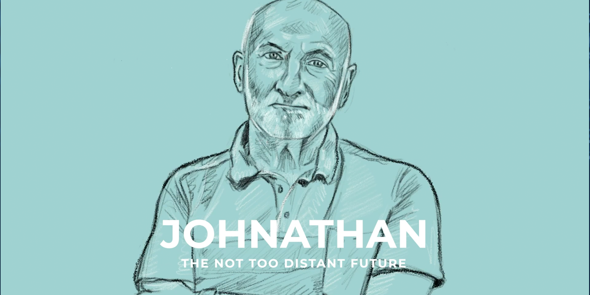 Pencil drawing of a man in his late 60s wearing a polo shirt with short white beard, text says 