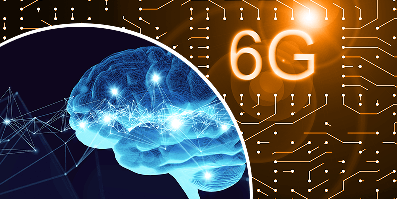 Background image of letters 6G in the middle of circuitry, foreground image shows a stylised image of a brain with many network connections linking to multiple nodes
