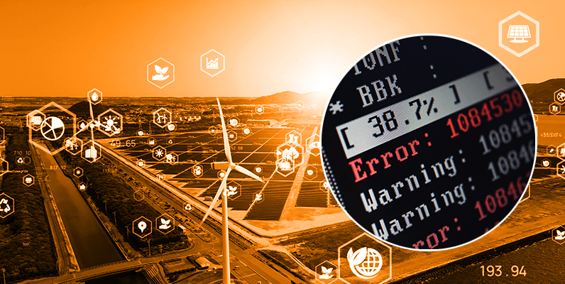 Background is a birdseye view of land using renewable energy sources, A lake and solar panels, wind turbine at sunset. Circle in the foreground to the right hand side, shows an error message text form on a computer screen, position slightly skewed 