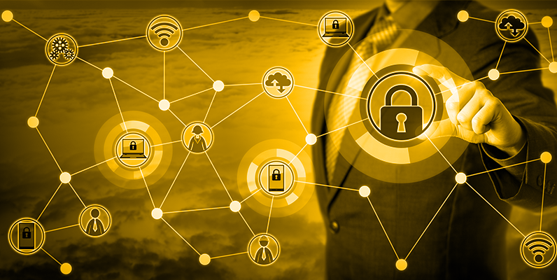 Conceptual image of Security showing network with icons of padlock, users and data flow
