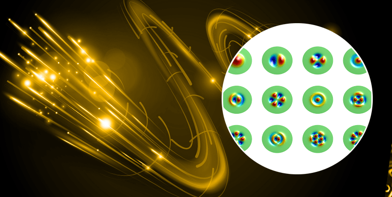 Background image of a stylised version of fibre supporting multiple modes, foreground image showing experimental data that presents several cross section of the fibre coloured showing different modes