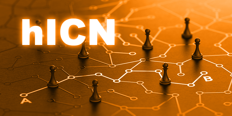 chess pieces on-top of many connected nodes. hilighted pathway between several nodes. Text "hICN"