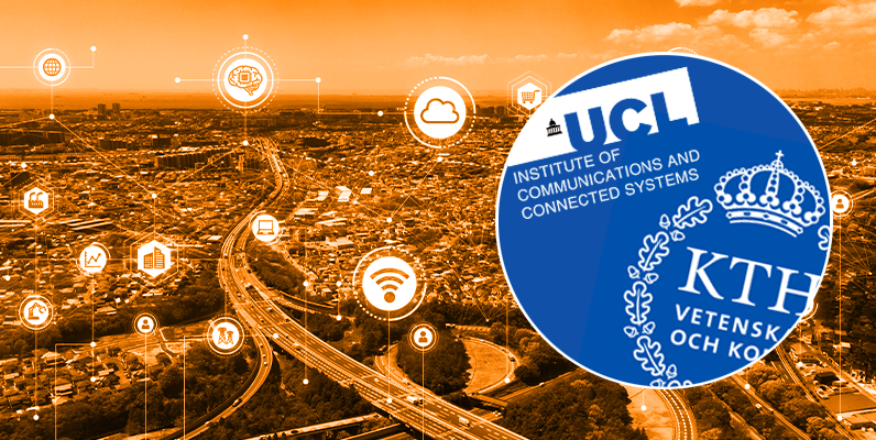 Artists impression of an urban landscape, in orange and sepia tone. On the right hand side a blue circle containng the UCL, ICCS and KTH  text and logo's