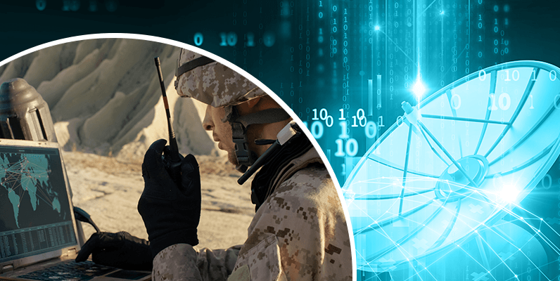 On the left hand side, the foreground image is a partially encircled photograph of a soldier in desert fatigues, on tour, talking into a radio looking at a laptop.The blueish background image is a satellite radar dish with floating binary numbers.