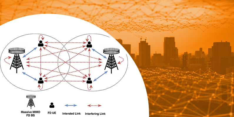 Modern city with network grid superimposed on top, with an image of multiple antenna system transmitting to multiple users