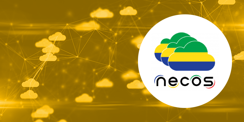 Network of clouds, behind NECOS project logo, consisting of three clouds above the text "NECOS"