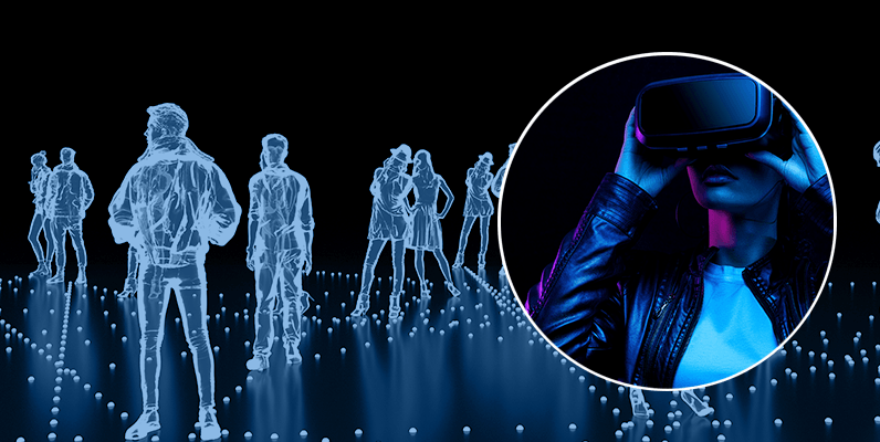 Black gradating to dark blue background and floor with grid lights. Graphic illustration, outline shape only, of small groups of men and woman standing together. Foreground: Left hand side within a circle, an avatar wearing a VR style headset.