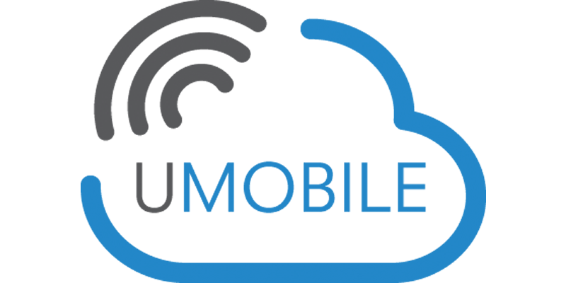 UMobile logo - Cloud with radiating wifi type symbol, with UMOBILE text inside cloud