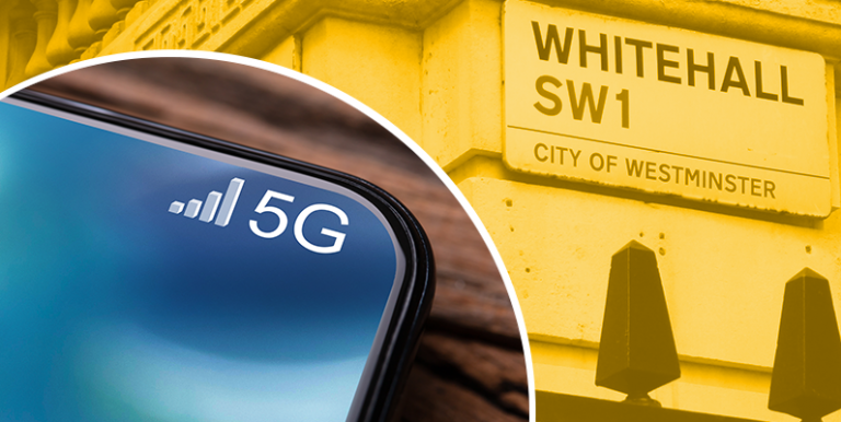 Image of phone with 5G signal and image of Whitehall road sign