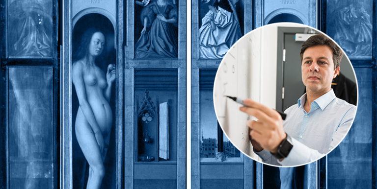 Cropped image of the two double-sided panels from the Ghent Altarpiece along with their x-ray images. Credit: Saint-Bavo's Cathedral, www.lukasweb.be – Art in Flanders; photos: Hugo Maertens (interior view; Adam & Eve), Dominique Provost (exterior view), 