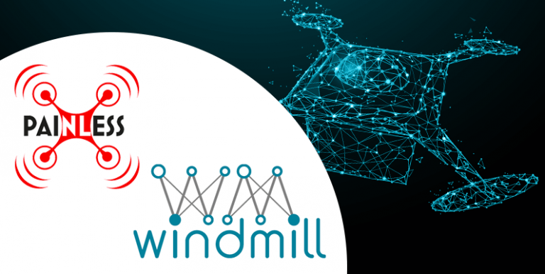 Logo of PAINLESS and WindMil projects, background image of a 4 rotary blade drone, the image is constructed of lines and nodes resembling a network.