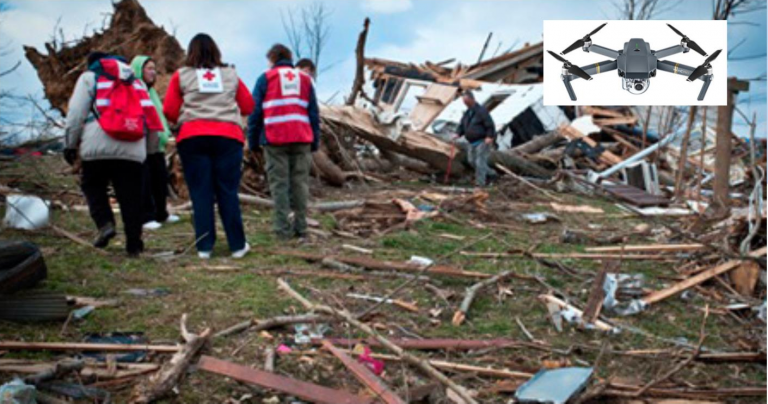 Image of aid workers in natural disaster aftermath.