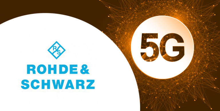Rohde & Shwarz logo and 5G lettering inside the artistic impression of a network.