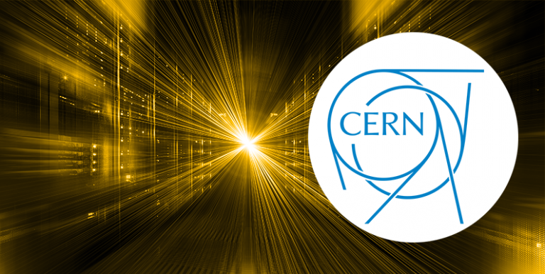 Server room with artistic effect to make lights merge as though coming from the future, CERN logo overlayed. 
