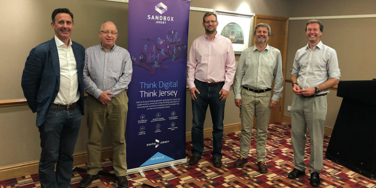 Key members in front of Digital Jersey banner, Chris Knight, Digital Jersey, Dr Clive Poole, UCL, Peter Shearman, Cisco, John Crawford, Rothamsted & Andy Stanford Clark, IBM.