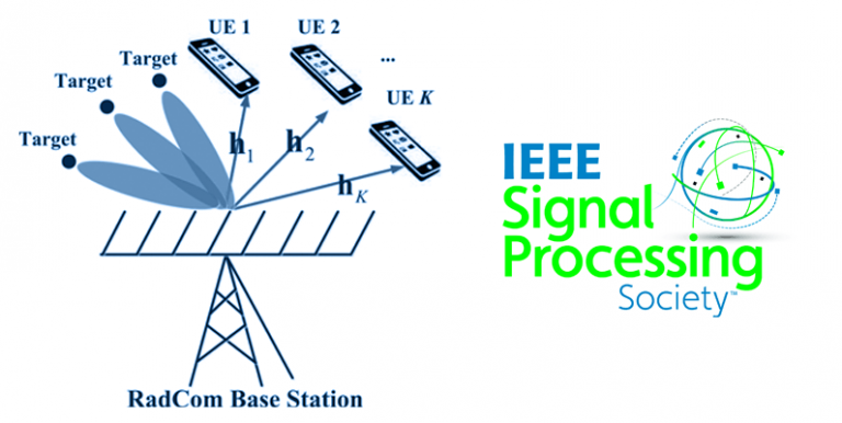 IEEE SPS logo, and sketch from paper showing MIMO antennas providing communication to User Equipment and Targeting of Radar targets.