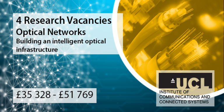 Text with image of vector network, and fibre optics. "4 research Vacancies, Optical Networks, Building an Intelligent Optical Infrastructure, £35 328 - £51 769 