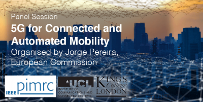 Text"5G for connected and automated mobility, organised by Jorge Pereira, European commission," background image of a city scape with a line and spheres resembling a propagating network.