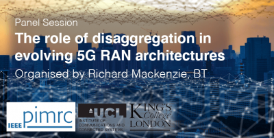 Text"The role of disaggregation in evolving 5G RAN architectures, organised by Richard Mackenzie, BT," background image of a city scape with a line and spheres resembling a propagating network.