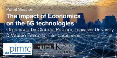 Text"The Impact of Economics on the 6G technologies, organised by Claudio Paoloni, Lancaster Unveirsity & Valerio Fascolla, Intel Corporation" background image of a city scape with a line and spheres resembling a propagating network.