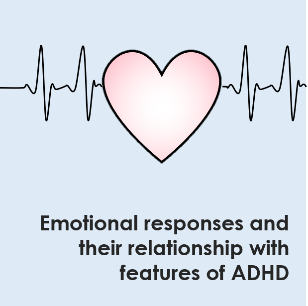 Black heartbeat recording with a pink love heart in the centre. The words 'Emotional responses and their relationship with features of ADHD ' are in black.