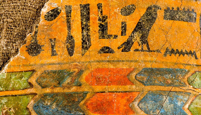 Piece of coloured mummy cartonnage of Harsiesi, fourth prophet of Amun.