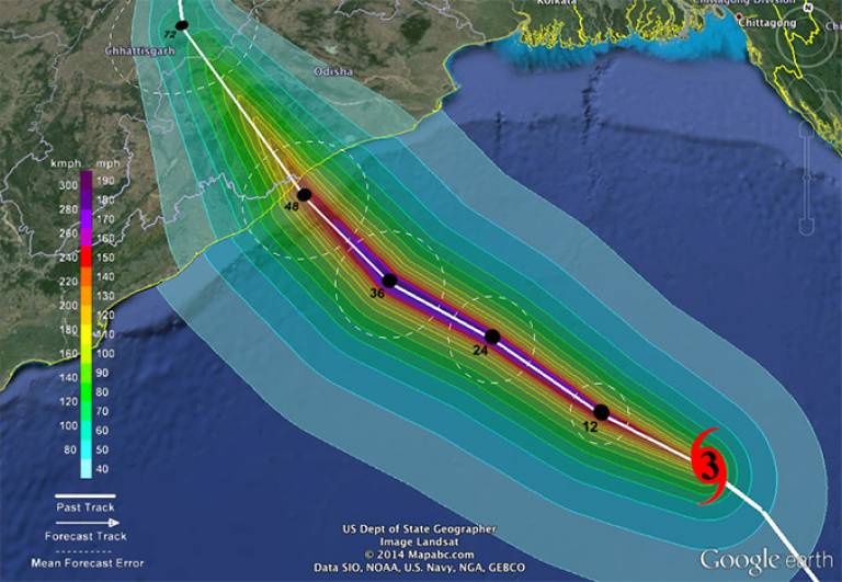 A warning map issued by the UCL/TSR tropical storm tracker at 12.00GMT on 10 October 2013, two days before severe cyclonic storm Phailin struck India's east coast. The map shows Phailin’s expected track, peak gust field and landfall location. TSR fo…