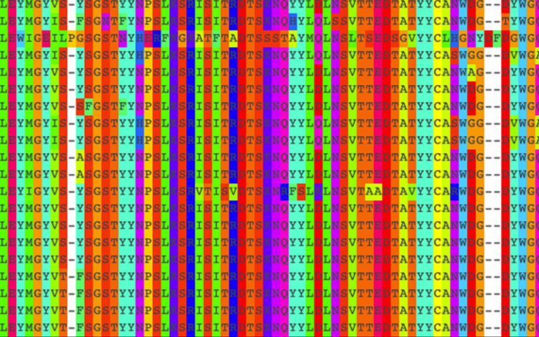 A grid of letters with a multicoloured background