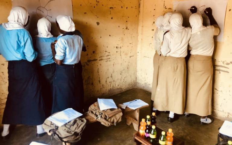 Girls in an African school writing on the wall. 