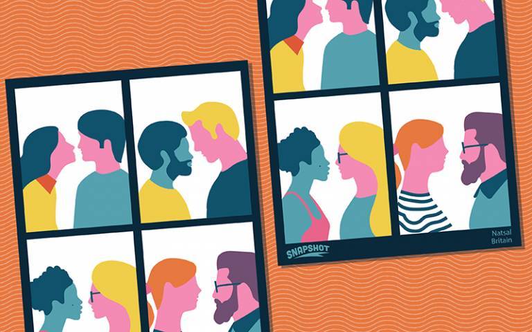 Illustrated side profiles of people facing each other.